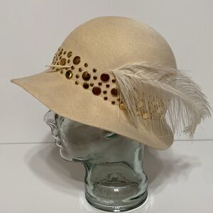 Vintage Adolfo II Gold Studded Wool Hat with Feather